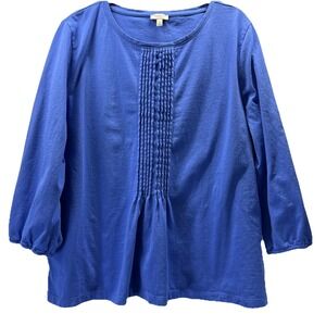Talbots Women's Top Sz XL Blue Peplum PinTuck 3/4 Sleeve 100% Cotton Feminine